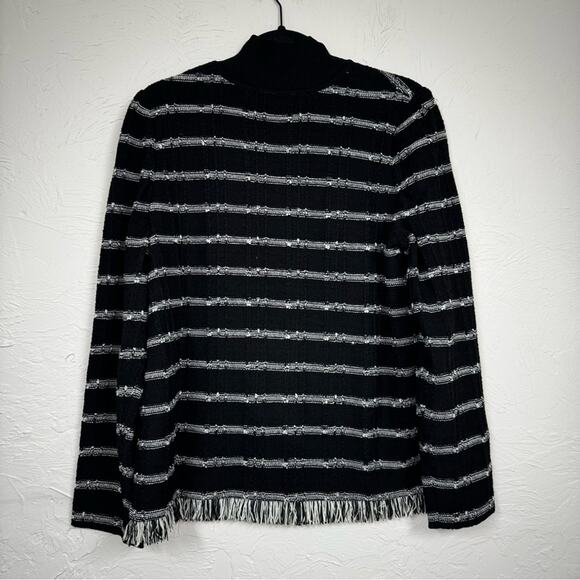 Ming Wang Black White Chunky Knit Sweater Womens M Fringe Preppy Pullover Mock - Picture 9 of 10